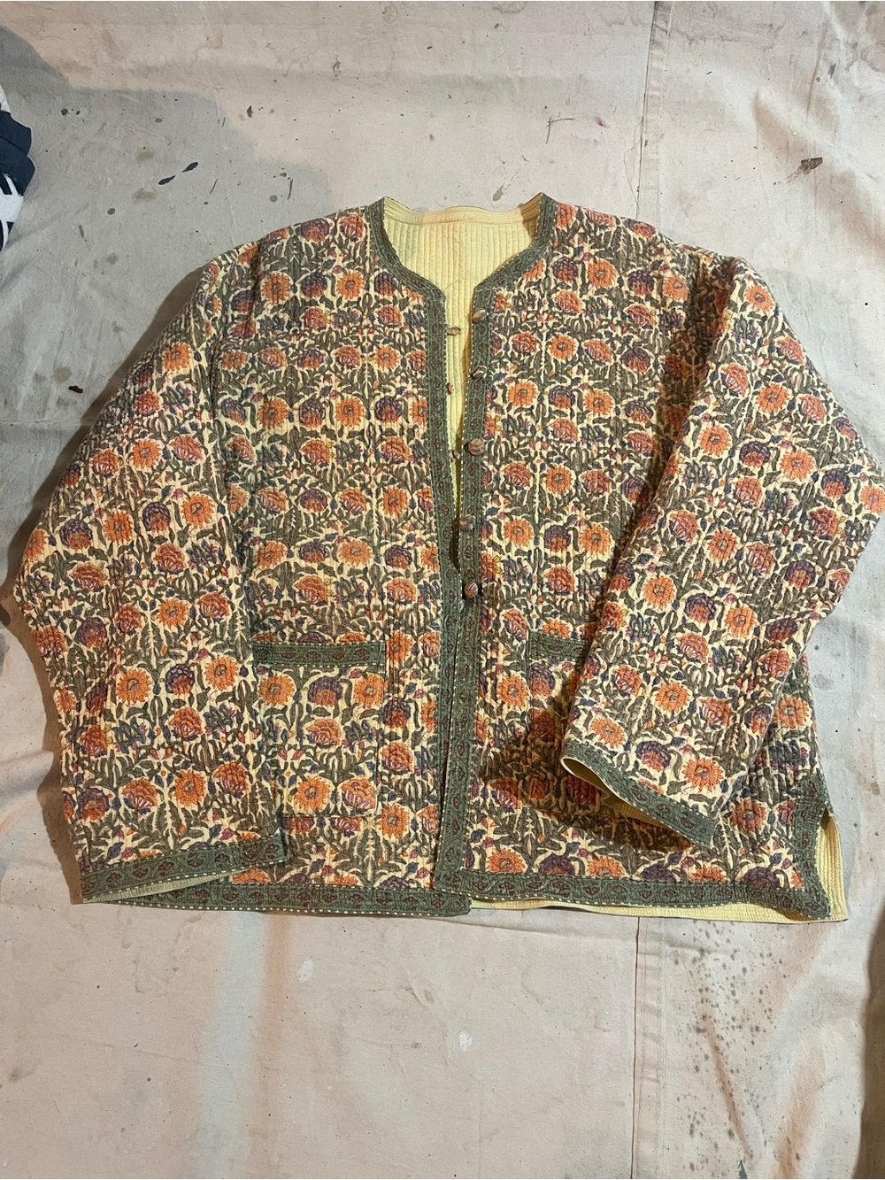 Quilted Reversible Floral Patchwork Jacket in Yellow, Orange & Green